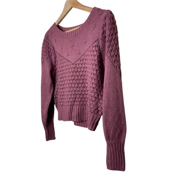 LUCKY BRAND | Mauve Chunky Open Knit Balloon Sleeve Crew Neck Sweater | Size S - Picture 5 of 13